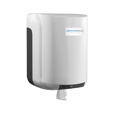 Dispenser de papel para mãos branco e preto com etiqueta