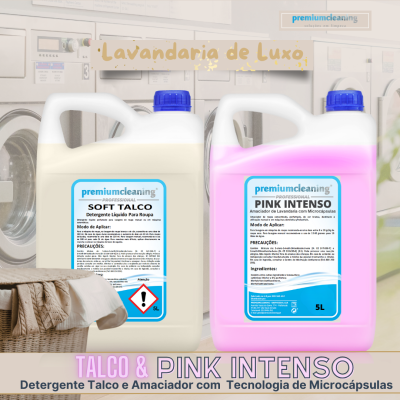 Recipientes de detergente e amaciador líquidos para roupa em ambiente de lavandaria