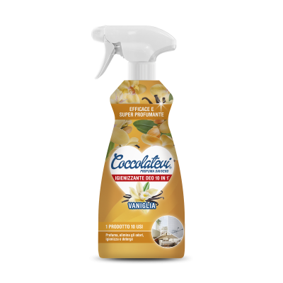 Frasco de spray higienizador com aroma a baunilha e etiquetas amarelas e brancas