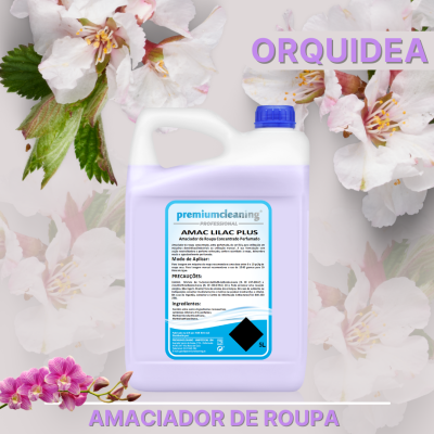 Amaciador de roupa lilás premiumcleaning com fundo floral de orquídeas