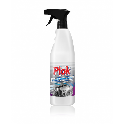 Frasco branco com pulverizador preto e etiqueta Plok Lava Móveis