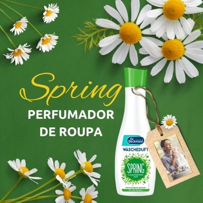 Perfume para roupa Dr. Beckmann Spring com flores e texto em português