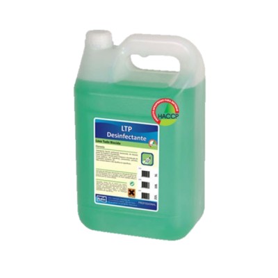 Recipiente plástico com desinfetante verde e rótulo LTP Desinfetante