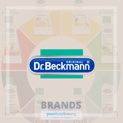 Logotipo Dr. Beckmann ORIGINAL com fundo de produtos de limpeza desfocados