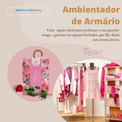 Ambientador de armário Rosas com embalagem rosa floral ao lado de guarda-roupa com roupas e acessórios rosa