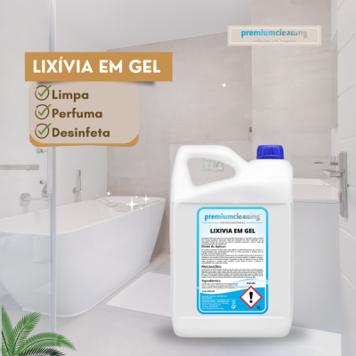 Lixívia em gel premiumcleaning embalagem branca e azul em casa de banho moderna