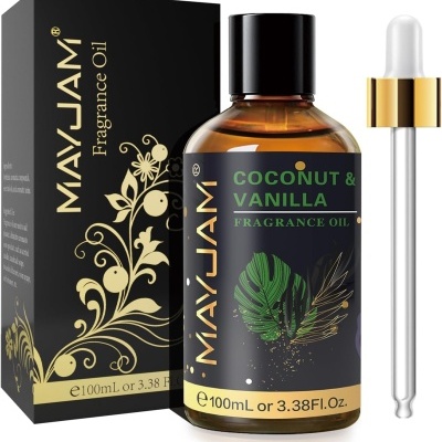 Frasco e caixa de óleo perfumado MAYLJAM Coconut & Vanilla 100mL com conta-gotas.