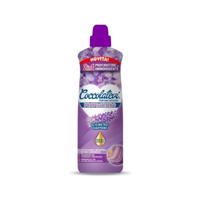 Frasco roxo de amaciante e perfumador Coccolatevi 2in1