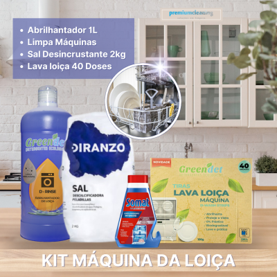 Kit Máquina da Loiça com produtos de limpeza em bancada de cozinha