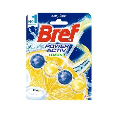 Embalagem de Bref WC Power Activ Lemon com esferas amarelas e azuis e design de limão