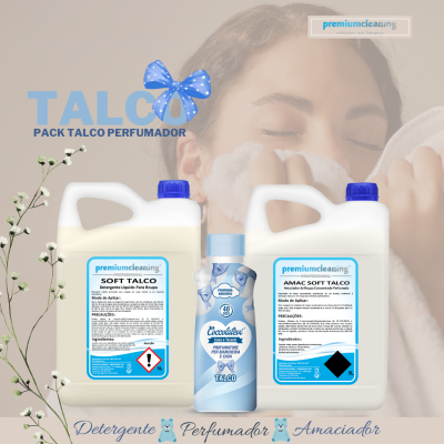 Pack de produtos TALCO perfumador de premiumcleaning com detergente, amaciador e perfumador em embalagens brancas e azuis