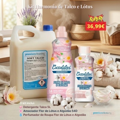 Kit de detergente, amaciador e perfumador para roupa com fragrância de flor de lótus e algodão