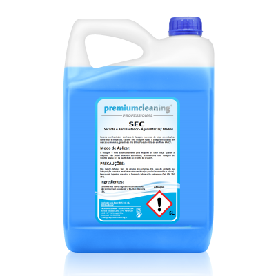 Recipiente plástico azul com tampa azul e etiqueta detalhada em português para produto de limpeza profissional