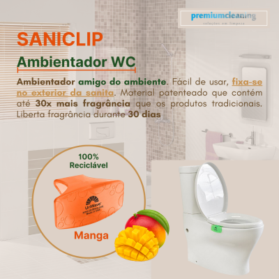 Ambientador WC SANICLIP laranja com fragrância manga fixado na sanita em casa de banho clara