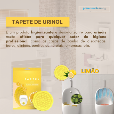 Tapete higienizador e desodorizante para urinol CARPEX aroma limão com embalagem amarela e textura circular