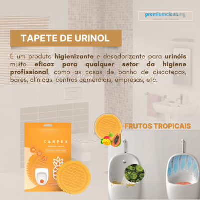Produto TAPETE DE URINOL desodorizante e higienizante com embalagem laranja e tapetes amarelos em wc branco