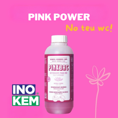 Frasco de detergente para WC Inokem, fundo rosa, com texto promocional