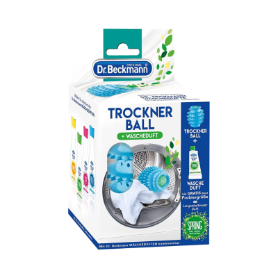 Embalagem do produto Dr. Beckmann TROCKNER BALL para secadora com fragrância, cores azul e branca