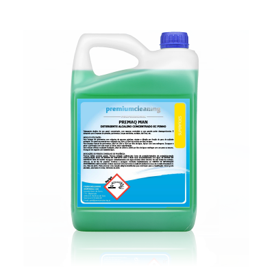 Recipiente plástico com líquido verde e rótulo de detergente concentrado