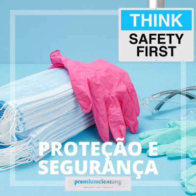 Máscaras descartáveis, luvas rosa e verde, óculos de proteção em fundo azul com texto