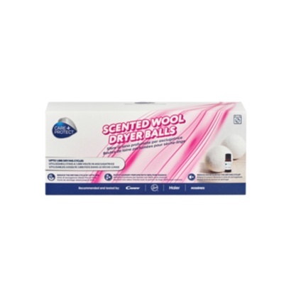 Caixa de bolas de secador de lã perfumadas com texto rosa e azul e imagem das bolas e frasco