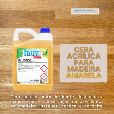 Recipiente plástico de 5L de cera acrílica amarela da Inova sobre superfície de madeira