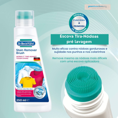 Embalagem branca de 250 ml com tampa azul clara e escova aplicadora, rótulo com roupas coloridas e texto de descrição do produto.