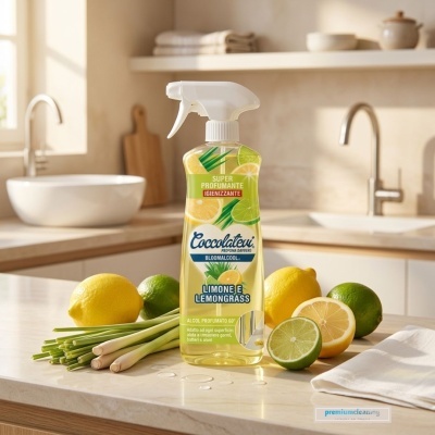 Frasco de spray de limpeza com aroma de limão e lemongrass na cozinha