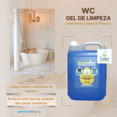Galão azul de gel de limpeza para WC Greenell de 5L com selo EU Ecolabel ao lado de casa de banho moderna e clara