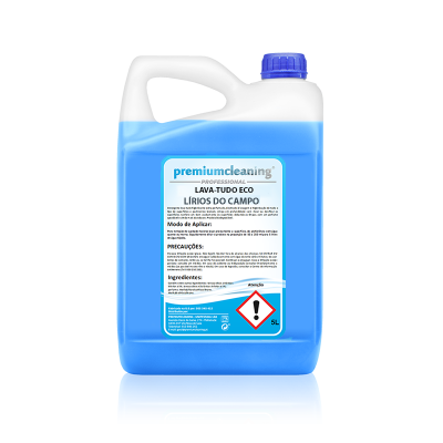 Recipiente plástico azul de 5 litros com etiqueta de detergente