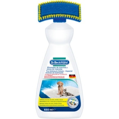 Frasco plástico branco do produto Dr. Beckmann com aplicador e rótulo colorido