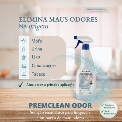 Spray de limpeza PREMCLEAN ODOR com informações sobre eliminação de maus odores e produto biológico