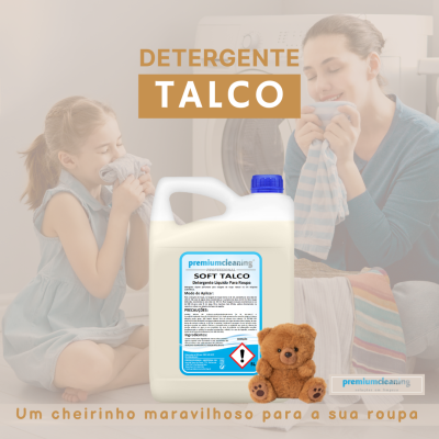 Detergente líquido Soft Talco da premiumcleaning com mãe e filha cheirando roupa ao fundo