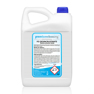 Frasco plástico branco com tampa azul e etiqueta azul e branca de desincrustante ácido