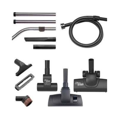 Conjunto de acessórios para aspirador com tubos, mangueira e vários bocais pretos.