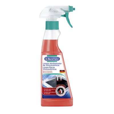Frasco pulverizador Dr. Beckmann Limpa Abrilhantador de Vitrocerâmicas com líquido vermelho