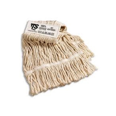 Franja de mop bege com etiqueta branco e texto TS 100% COTTON