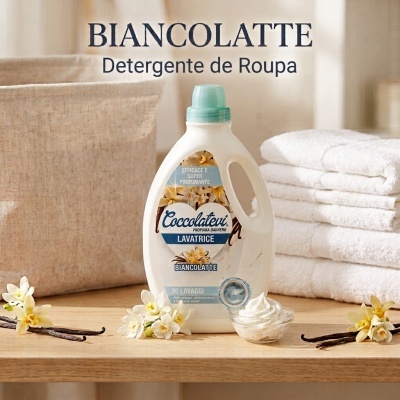 Frasco de detergente de roupa branco com tampa verde e flores ao redor sobre mesa de madeira.