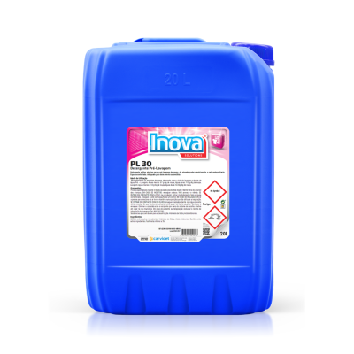 Recipiente plástico azul de 20 litros com rótulo Inova PL 30 e símbolos de perigo