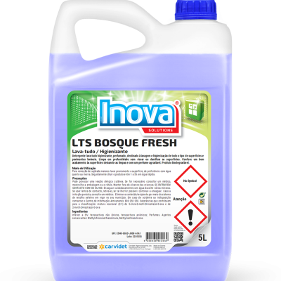 Frasco plástico azul com tampa azul e pega branca contendo produto de limpeza Inova Solutions LTS BOSQUE FRESH de 5 litros