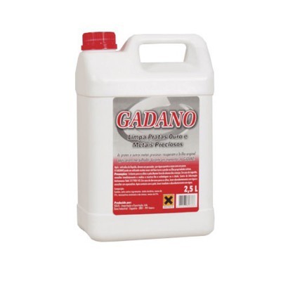 Recipiente branco com tampa vermelha e rótulo de produto de limpeza Gadano para metais preciosos