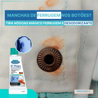 Tecido bege com nódoas de ferrugem e produto quitamanchas Dr. Beckmann com tipografia em azul e verde.