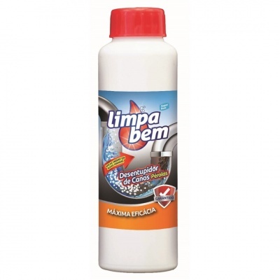 Frasco de Limpa Bem Desentupidor de Canos Pérolas com rótulo colorido