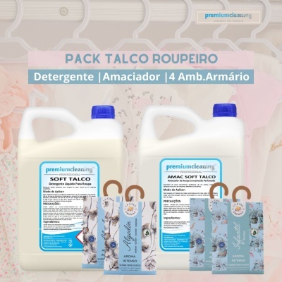 Pack Talco Roupeiro com detergente, amaciador e quatro ambientadores de armário.