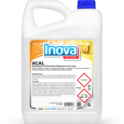 Recipiente plástico branco de 5 litros com rótulo Inova Solutions ACAL detergente anticalcário e tampa azul