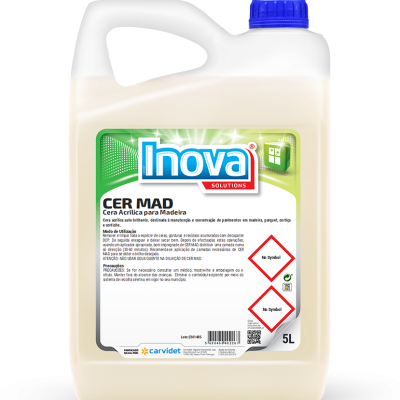 Recipiente plástico branco com tampa azul contendo cera acrílica para madeira Inova 5 litros