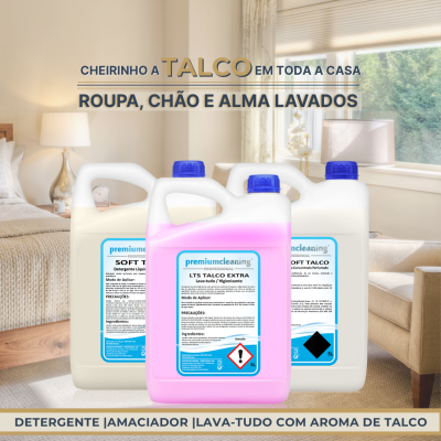 Três recipientes de detergente com etiquetas azuis e brancas num ambiente de sala de estar acolhedora