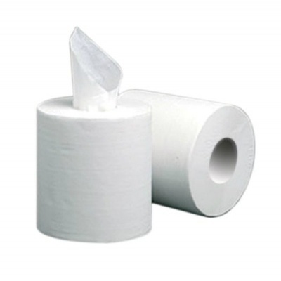 Dois rolos de papel higiénico branco, um com ponta puxada para cima