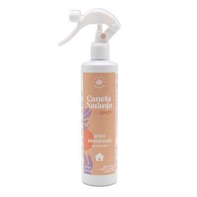 Spray ambientador branco com etiqueta laranja Canela Naranja Spicy