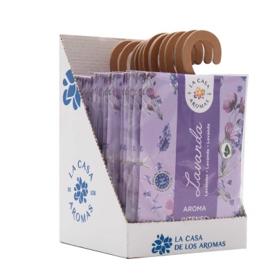 Aromatizadores de lavanda em saco lilás com padrão floral numa caixa branca